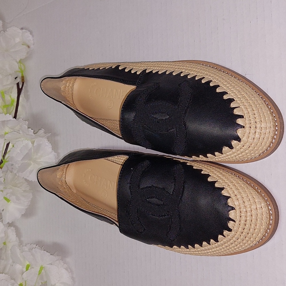 Chanel raffia espadriles lambskin black leather NWOB - Picture 1 of 9